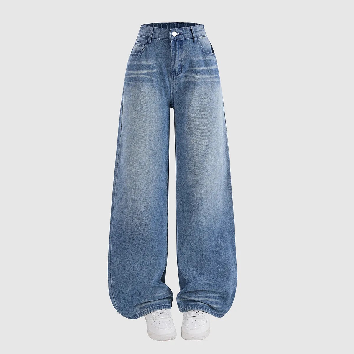 الجينز الأزرق غير الرسمي المجهز بشكل فضفاض للفتيات في سن المراهقة (الأعمار من 13 إلى 16 عامًا) مع خصر مرن مسدود