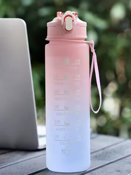 زجاجة مياه رياضية 1 لتر – بلاستيك عالي السعة، مانعة للتسرب، محمولة للتخييم، التنزه واللياقة البدنية، بتدرج ألوان ماتي