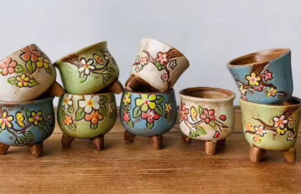 أصيص سيراميك يدوي مطلي – أواني نباتات عصرية بأسلوب كوري