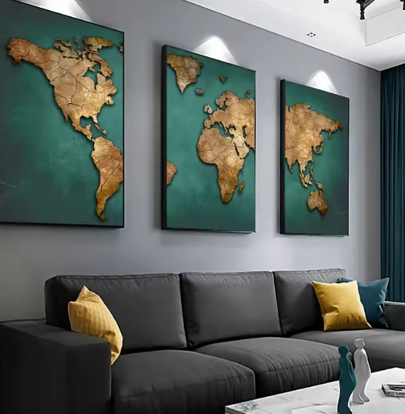 مجموعة 3 لوحات جدارية قماشية – خريطة العالم بأسلوب رجعي