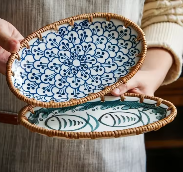 سلة سيراميك يابانية منسوجة بالروطان – أطباق للفاكهة والحلويات