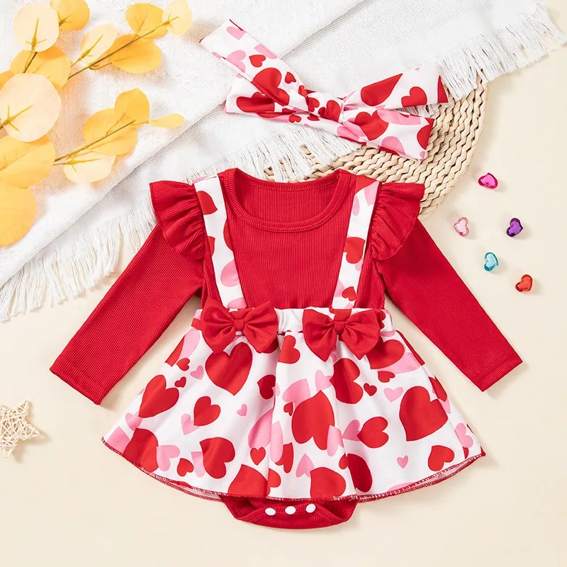 ملابس الربيع والصيف الجديدة في عيد الأم - لباس الرسن طويل الأكمام للفتيات مع عناصر القلب - مجموعة من قطعتين من قطعتين