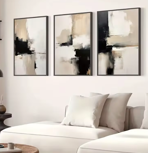 لوحة جدارية تجريدية معاصرة – مجموعة 3 ملصقات أسود وبيج