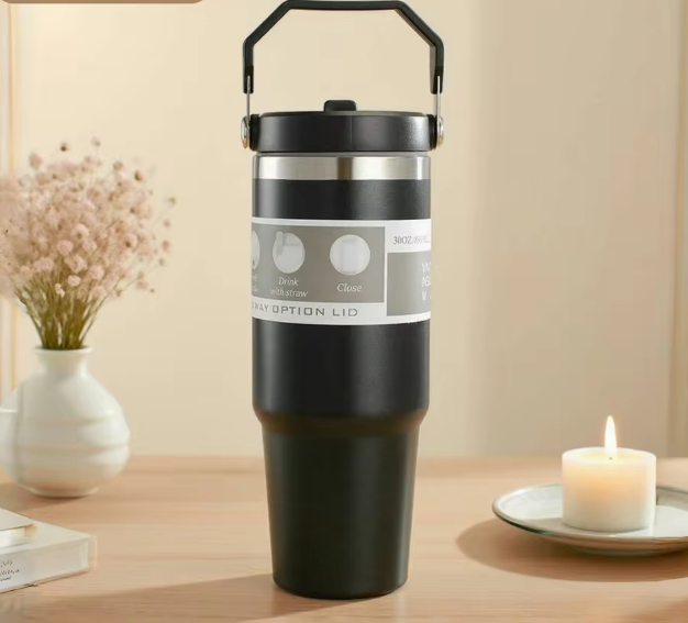 كوب سيارة 30 أونصة من الفولاذ المقاوم للصدأ – ترمس مع شفاطة، زجاجة مياه رياضية عازلة للقهوة والسفر