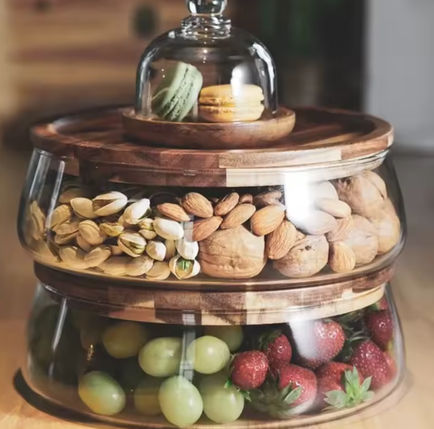 "حاويات تخزين طعام زجاجية بغطاء خشبي – مبتكرة للمطبخ والوجبات الخفيفة"