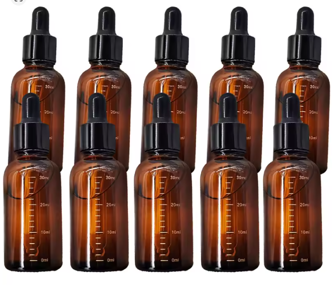 طقم 10 زجاجات بالقطارة من الزجاج الكهرماني بسعات مختلفة (5–50 مل) – زجاجات قابلة لإعادة الملء مع مقياس دقيق لتخزين الزيوت والعطور والسوائل