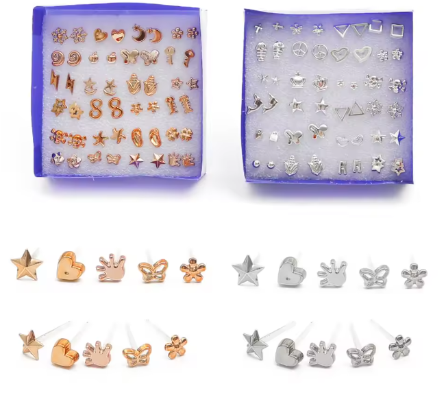 مجموعة أقراط نسائية وفتيات 12-24 زوج – أشكال قلب، نجمة وزهور، لون ذهبي