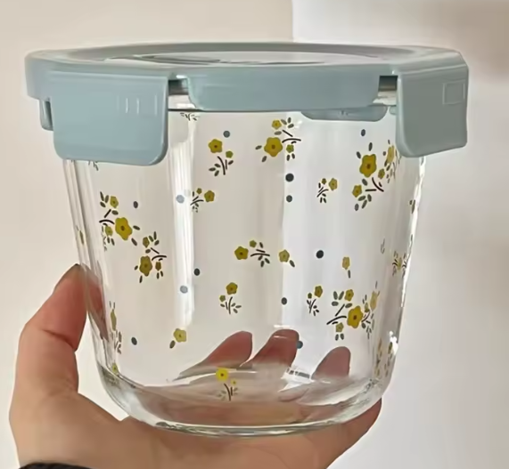 أوعية حفظ كورية مستديرة بزجاج مقاوم للحرارة – تصميم أزهار لطيف