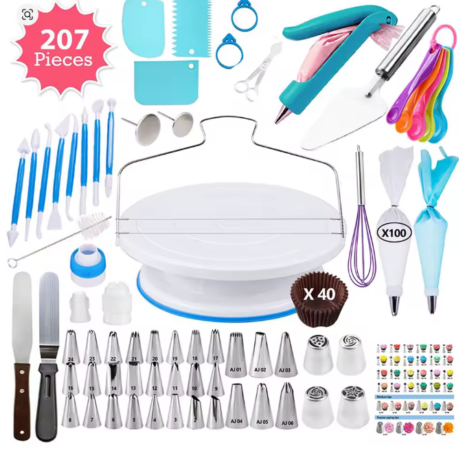 "مجموعة أدوات تزيين الكيك والمخبوزات – فوهات وأنابيب وكيس الثلج وطاولة دوارة"