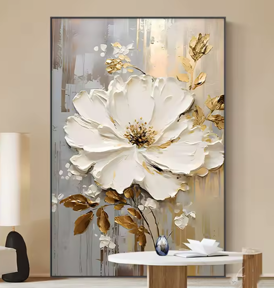 لوحة زيتية تجريدية – زهرة بيضاء على القماش