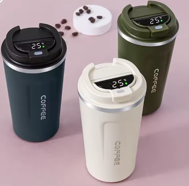 كوب قهوة ذكي من الفولاذ المقاوم للصدأ بسعة 510 مل – عرض درجة الحرارة LED وعزل حراري