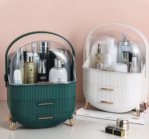 صندوق تنظيم مستحضرات التجميل – أدراج كبيرة وحافظات مقاومة للغبار مع غطاء وفرش مكياج