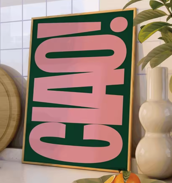 لوحة قماشية مطبوعة – فن إيطالي بأسلوب رجعي باللون الأخضر الداكن والوردي