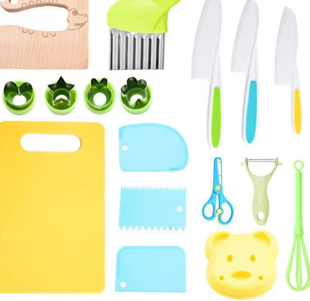مجموعة أدوات طبخ آمنة للأطفال – أدوات مطبخ للتعلم المبكر مع سكاكين أمان خالية من الأطراف الحادة لتحضير الفاكهة والطعام التكميلي
