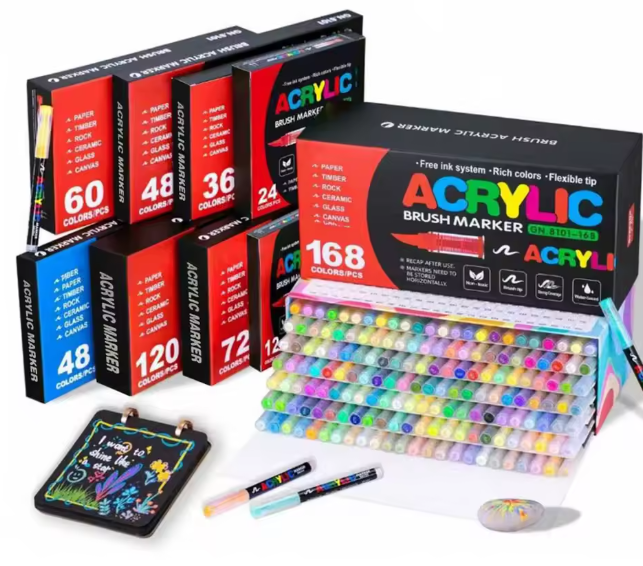 مجموعة أقلام أكريليك سائلة بأطراف فرشاة ناعمة – 12 إلى 60 لونًا للرسم على الزجاج والخشب والورق وأعمال الـDIY