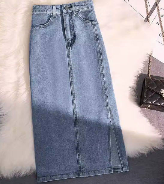 تنورة دنيم نسائية عالية الخصر – طول الكاحل مع جيوب وسستة