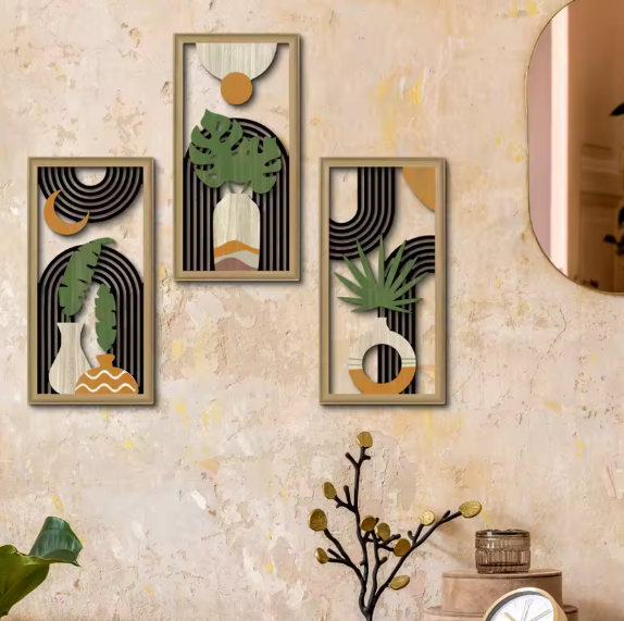 مجموعة 3 لوحات جدارية خشبية – نمط Boho ريفي مجوف 40×20 سم