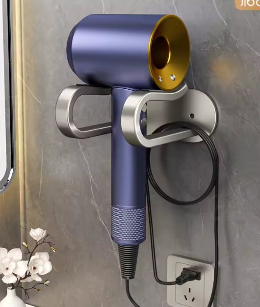 "منظم رف الحمام لمجفف الشعر – تعليق بدون حفر لتوفير المساحة"