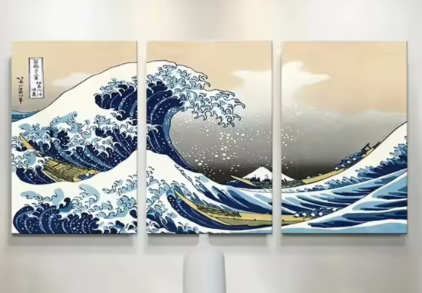 مجموعة 3 لوحات قماشية – موجات كاناغاوا بأسلوب ياباني
