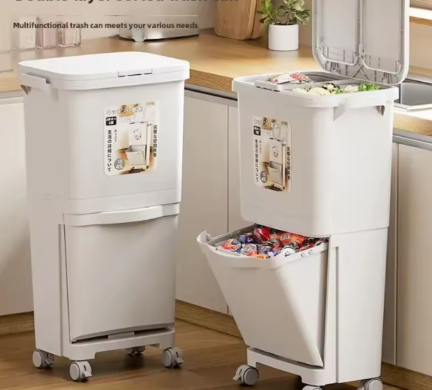 سلة مهملات مطبخية بطبقتين مع غطاء – فصل النفايات الجافة والرطبة