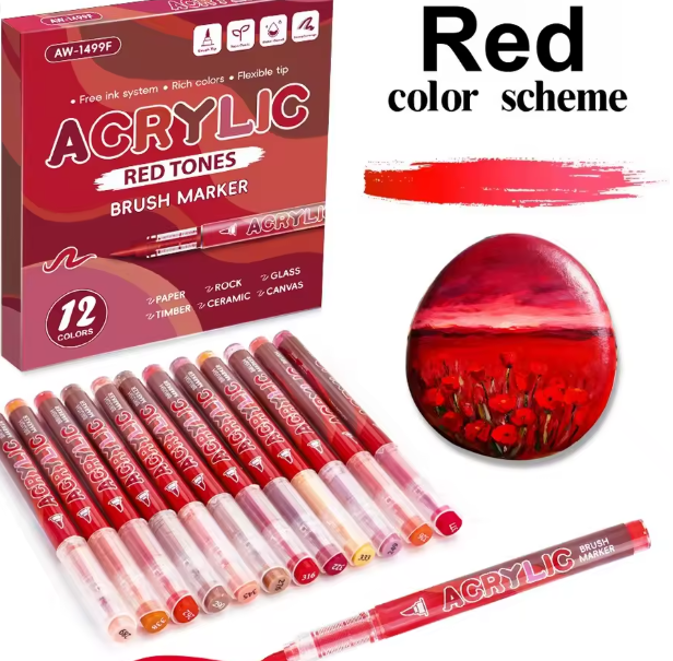 مجموعة أقلام أكريليك حمراء السلسلة – 12 لونًا بطرف ناعم للرسم الكرتوني وتزيين عيد الميلاد وأعمال الـDIY
