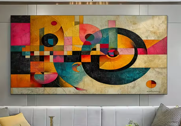 لوحة قماشية كبيرة – فن تجريدي حديث بتصميم هندسي نابض بالحياة