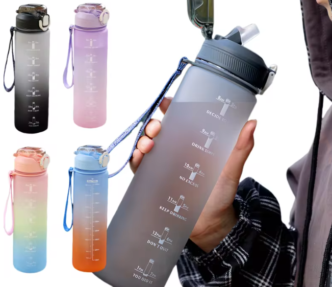زجاجة مياه رياضية 1000 مل مع حبل حمل – كوب متدرج محمول لرياضة ركوب الدراجات والأنشطة الخارجية