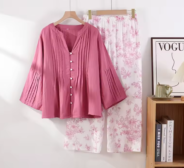 طقم بيجاما نسائي قطنية فضفاضة – ملابس نوم خريفية مريحة