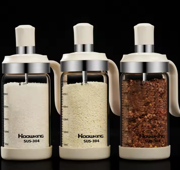 زجاجة توابل واحدة شفافة – علبة زجاجية للملح، الفلفل والسكر مع ملعقة للمطبخ