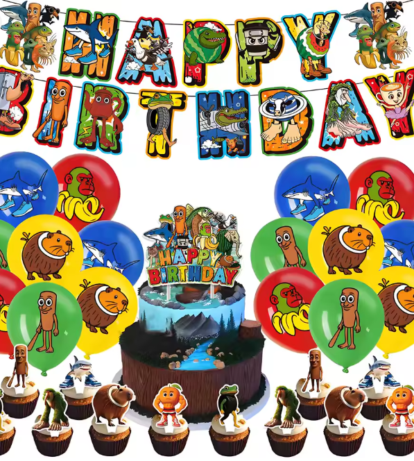 خلفية احتفالية للأطفال - Brainrot Compleanno مع بالونات وDIY لوازم الحفلات المنزلية