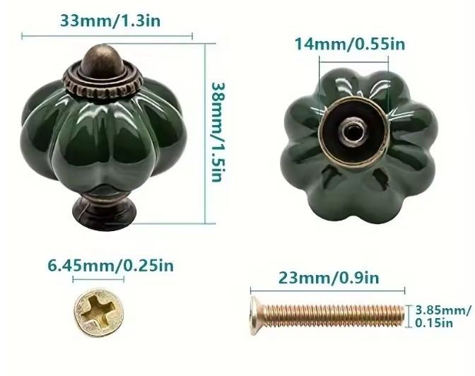 مجموعة 3 مقابض خزائن سيراميك – تصميم يقطين أخضر داكن لأبواب الأدراج والمطبخ