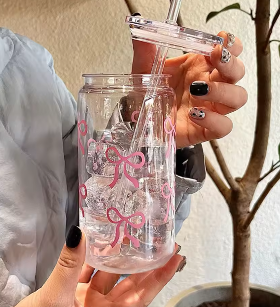 كوب زجاجي شفاف 500 مل – بتصميم زهرة قوس قزح وردي، مناسب للمشروبات الساخنة والباردة