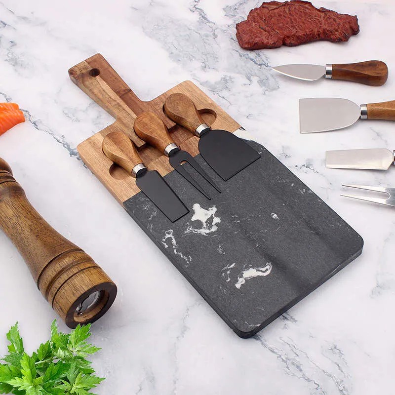 Square Marble Spliced Acacia Cheese Western Style Delicatessen Cutting Board Solid Wood Portable