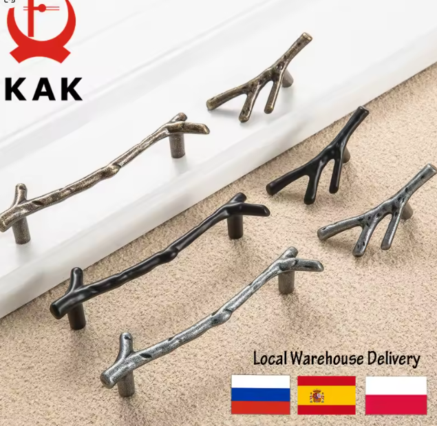 مجموعة 10 مقابض أثاث على شكل فرع شجرة – 96/128 ملم باللون الأسود والفضي والبرونزي