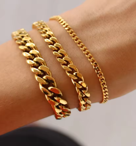 سوار سلسلة من الفولاذ المقاوم للصدأ للنساء والرجال – بسماكات من 3 إلى 9 مم، مطلي بالذهب