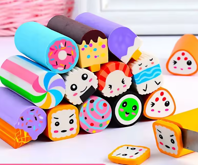 مجموعة 6 ممحاة لطيفة – أشكال سوشي، حلوى، كرة القدم، أدوات مدرسية Kawaii خالية من الفوضى