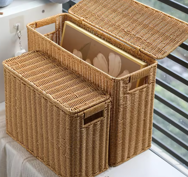 سلة تخزين طويلة القامة منسوجة – صندوق تخزين متعدد الاستخدامات للأطفال والمطبخ مع مقابض