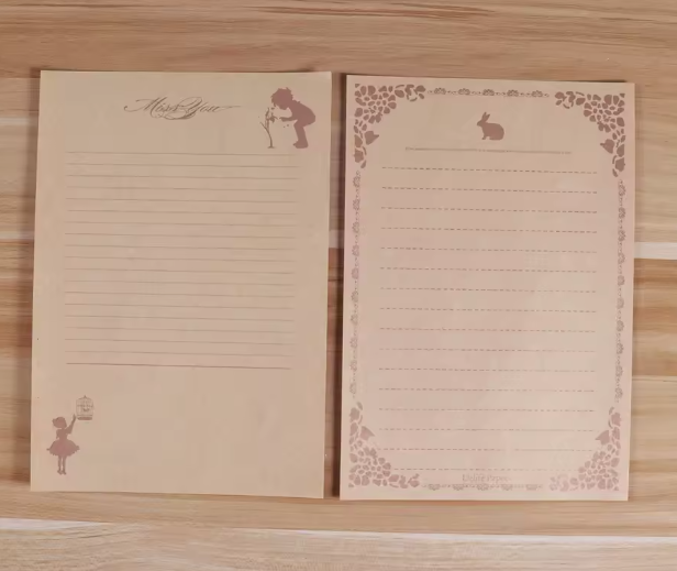 مجموعة 8 ورقات كتابة خمر بطبعة أرنب – ورق كرافت سلس للرسائل والملاحظات