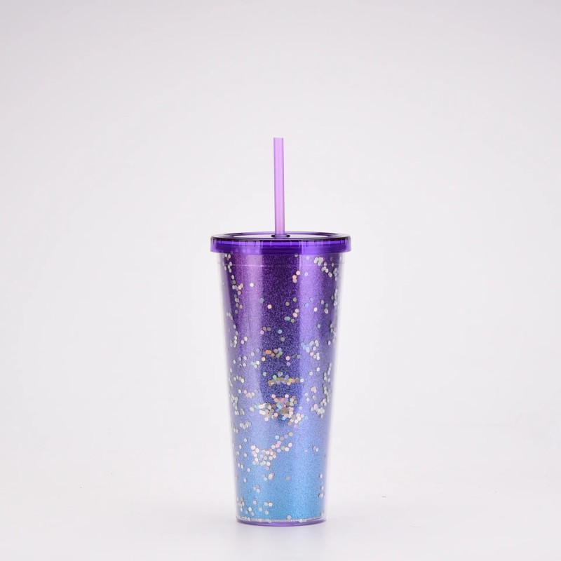New Hot selling 5 colors 24oz 700ml Plasic tumblers Ins Double Layer Plastic glitter gradual change Tumblers With Straw Portable and Solid Leo DHL