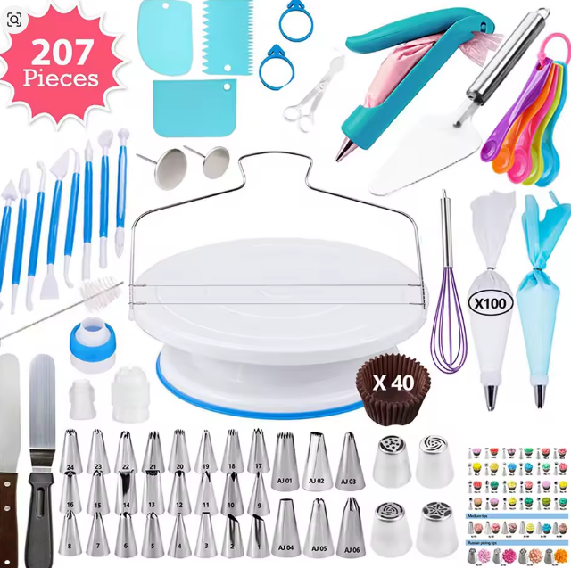 مجموعة أدوات تزيين الكيك – فوهات، أطراف أنابيب، كيس ثلج وطاولة دوارة