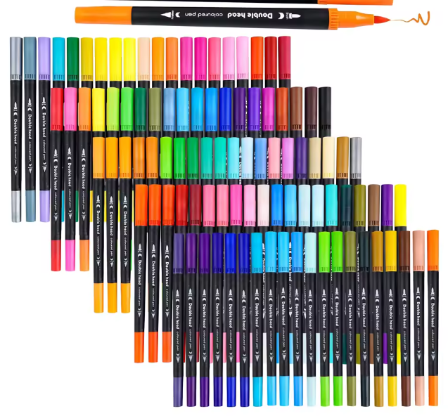 مجموعة أقلام رسم ثنائية الرأس 12–120 لونًا مع طرف فرشاة 1–2 مم وطرف دقيق 0.4 مم