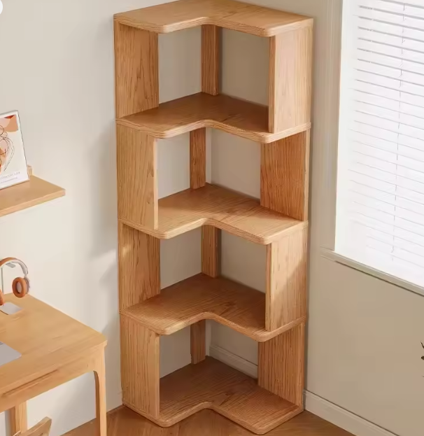 "رف كتب زاوي من الخشب الصلب – خزانة تخزين منزلية متكاملة"