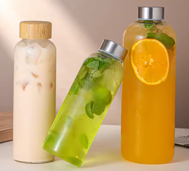 زجاجة زجاج بورسليكات 1 قطعة – مع غطاء فولاذ مقاوم للصدأ وخيزران، مقاومة للتسرب والحرارة