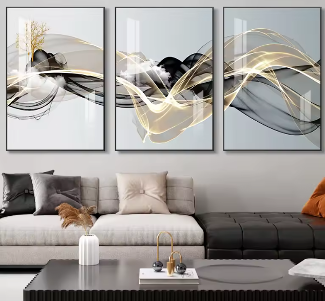 مجموعة 3 لوحات قماشية – فن مجرد عصري بنمط الشمال مع غزلان ذهبي