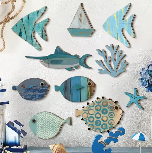 ديكور جداري خشبي يدوي – مجموعة الأسماك والمرجان والمراكب بأسلوب ساحلي