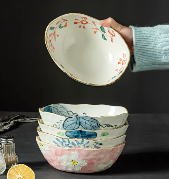 وعاء سيراميك ياباني مرسوم يدويًا – أطباق للحساء، المعكرونة والفواكه