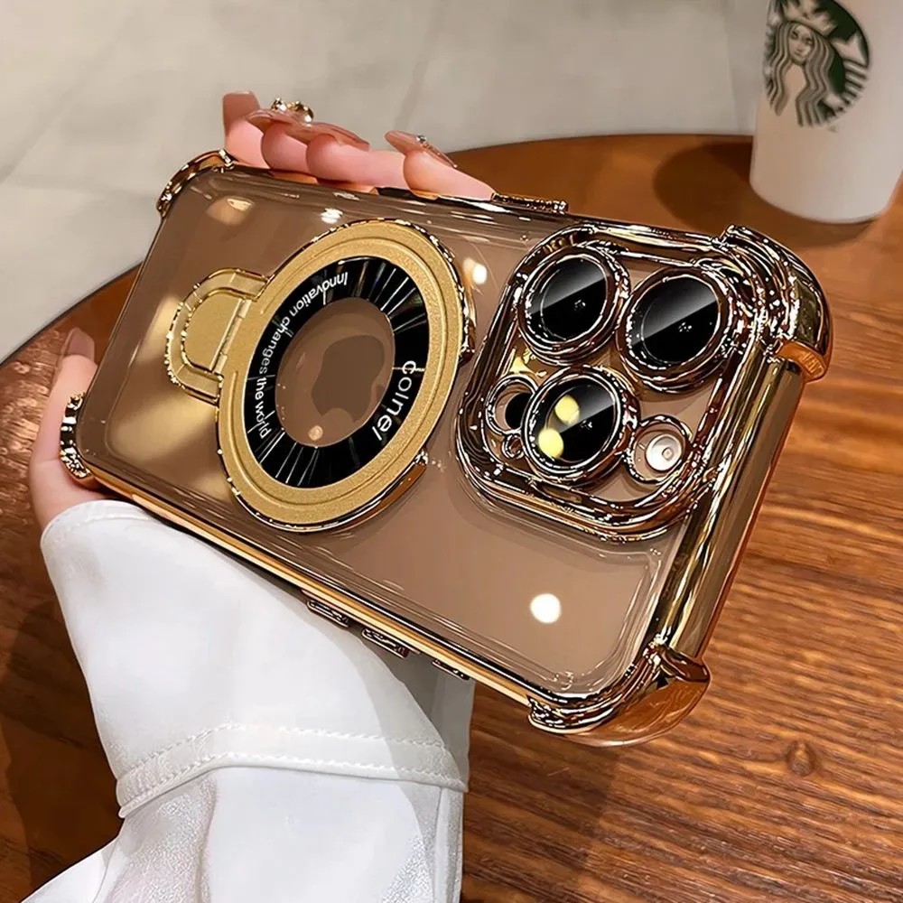 حامل وسادة هوائية فاخر بأربع زوايا وحلقة مغناطيسية لجراب Magsafe اللاسلكي مع فيلم عدسة الكاميرا مقاوم للصدمات لهاتف iPhone 17 Air 16 15 14 13 12 11 Pro Max Plus XR XS X