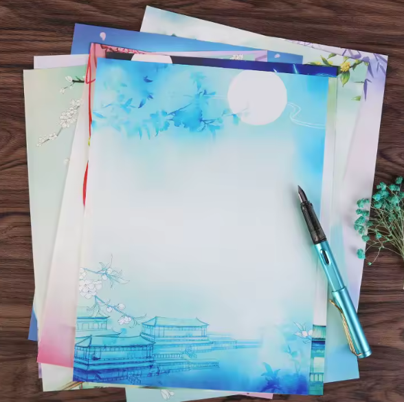 مجموعة 16 ورقة رسالة A4 – ورق كتابة كلاسيكي صيني مع مغلفات للرسائل الرومانسية والملاحظات