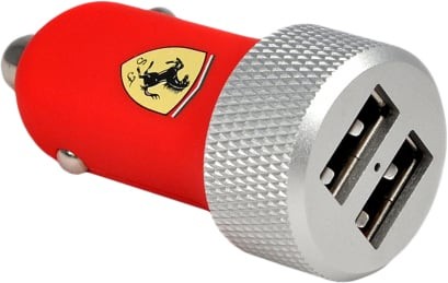 فيراري شاحن سيارة مغطى بطبقة مطاطية رفيعة مع منفذ توصيل خاص بهواتف آبل 2.1A أحمر