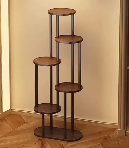 رف عرض خشبي متعدد الطبقات بتصميم صيني حديث – منظم نباتات وتحف للمساحات الداخلية